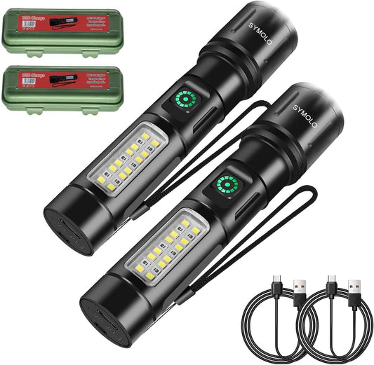2 Pack Flashlight Rechargeable, 6 Modes COB & LED Torch Light 200000 High Lumen, Zoomable, Water-Resistant, Brightest Tactical Flashlights Lampe de poche for Camping, Hiking, Emergencies, Dog Walking