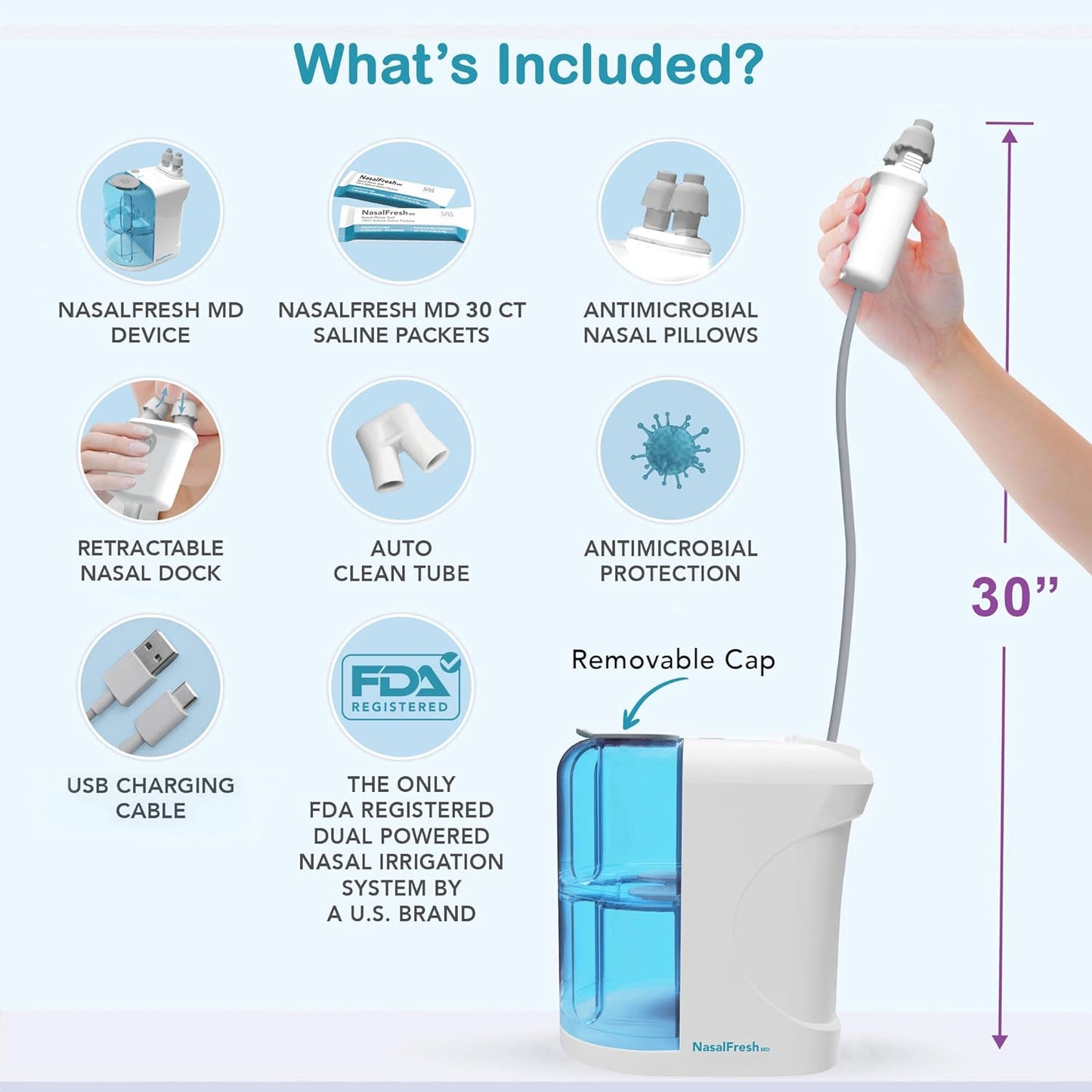 NASALFRESH MD Premium Bundle–Dual Powered Nasal Irrigation System Nasal Rinse and Wash, Sinus Decongestant Relief System, 60 Saline Packets, Case, Rechargeable, 2 Sets of Nose Pillows–Snoring Remedy