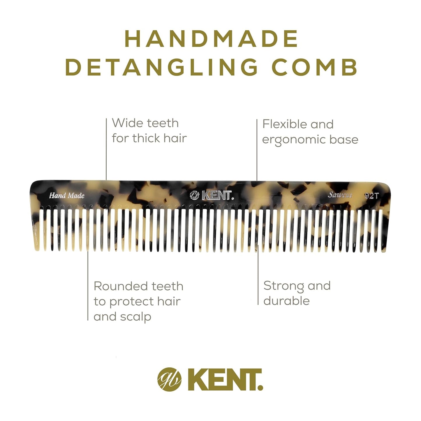 Kent 92TW Wide Tooth Women’s Detangler Comb for Curly, Wavy, and Thick Hair – Ideal for Use on Wet Hair – Gentle, Shower Comb for – Anti-Static, Smooth - Styling Tool by Kent