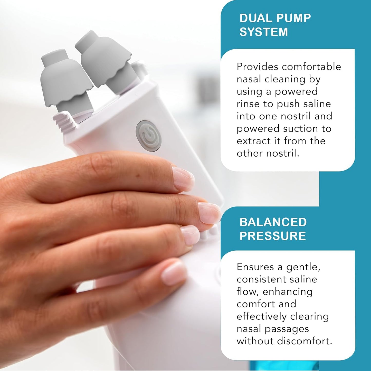 NASALFRESH MD Premium Bundle–Dual Powered Nasal Irrigation System Nasal Rinse and Wash, Sinus Decongestant Relief System, 60 Saline Packets, Case, Rechargeable, 2 Sets of Nose Pillows–Snoring Remedy