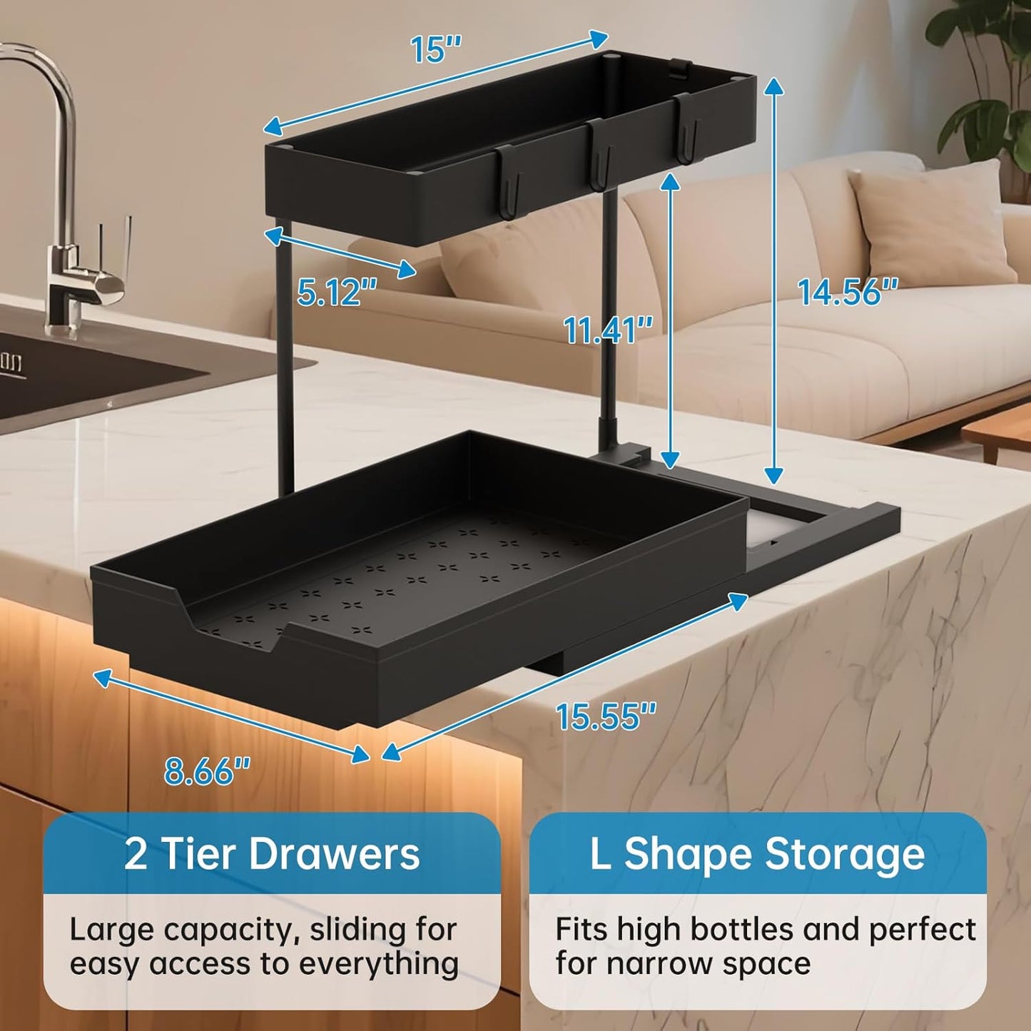 2-Tier Under Sink Organizers, 2 Pack Sliding L-shape Cabinet Organizers Narrow Space Storage Shelves Multi-purpose Sink Organizer Baskets with 4 Hook for Kitchen Bathroom Drawer, Black
