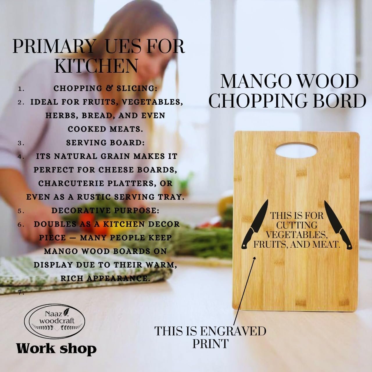 Premium Mango Wood Cutting Board – Durable Wooden Chopping Board with Handle for Kitchen, Cheese, Meat & Veggies – Eco-Friendly & Knife-Friendly – Rustic Serving Tray by Naaz Woodcraft