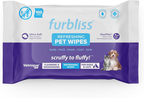 Furbliss Hygienic Pet Wipes for Dogs & Cats, Cleansing Grooming & Deodorizing Hypoallergenic Thick Wipes with All Natural Deoplex Deodorizer by Vetnique Labs (100ct, Refreshing Scent)