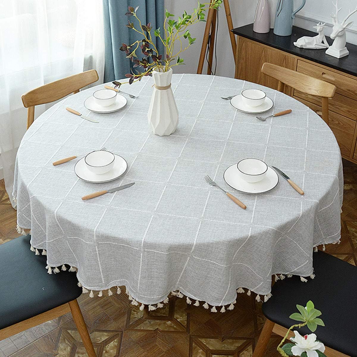 Heavy Weight Cotton Linen Tablecloth, Plaid Tassel Round Table Cover for Kitchen Dining Room Tabletop Decorations, Round - 78", Grey