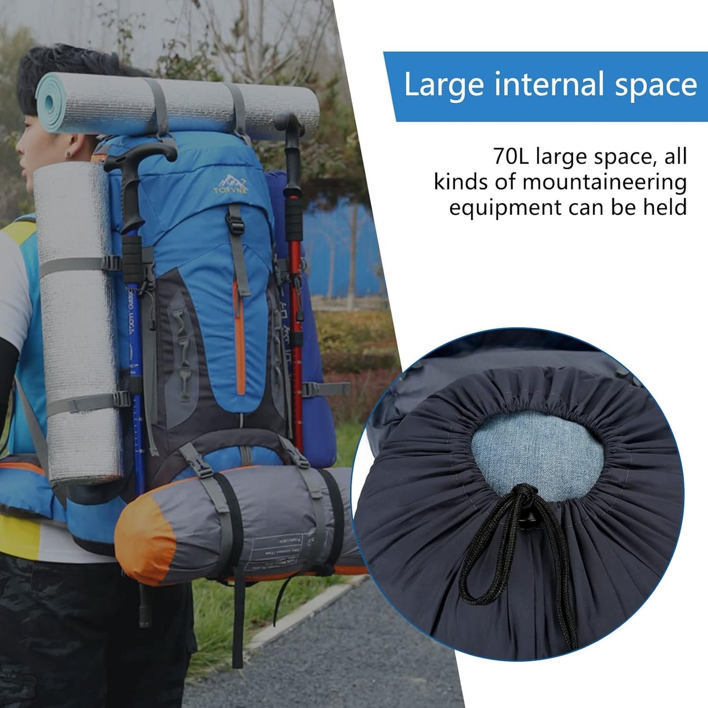 Kingsea 70L Large Camping Hiking Backpack With Waist Belt, Lightweight Nylon Trekking Waterproof Rucksack For Men Women Mountain Climbing, Travel, Outdoor Sports Backpacking Gear
