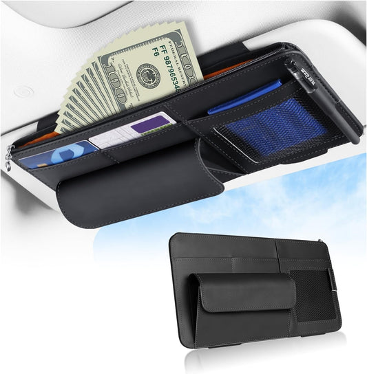 Car Sun Visor Organizer with Car Sunglass Holder,Multi-Functional Car Organizers and Storage for Cards,Money,Tickets,Universal Visor Clips Car Accessories Interior for Women & Men