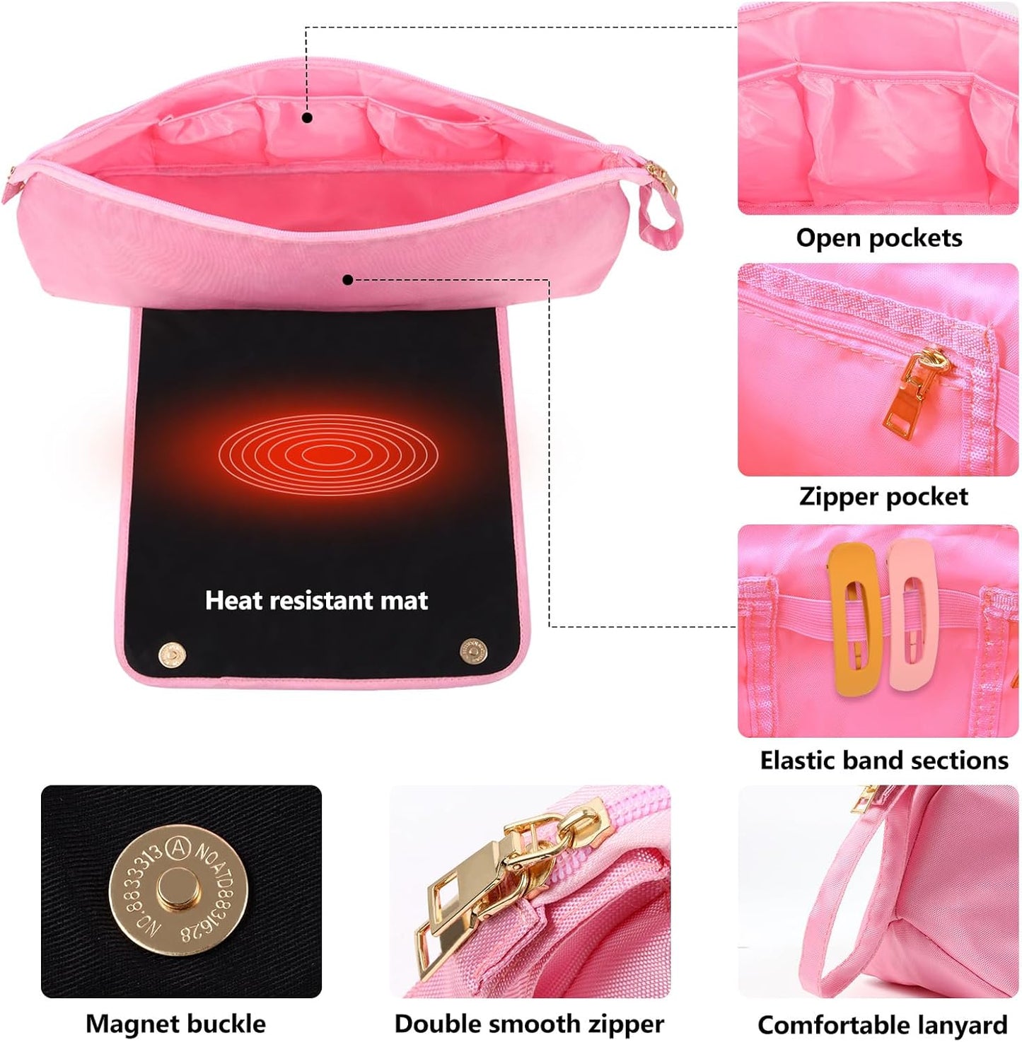 Large Hair Tools Travel Bag with Heat Resistant Mat for Straighteners, Curling Iron, Haircare Accessories, Hair Styling Tools Bag with Silicone Mat (Pink)