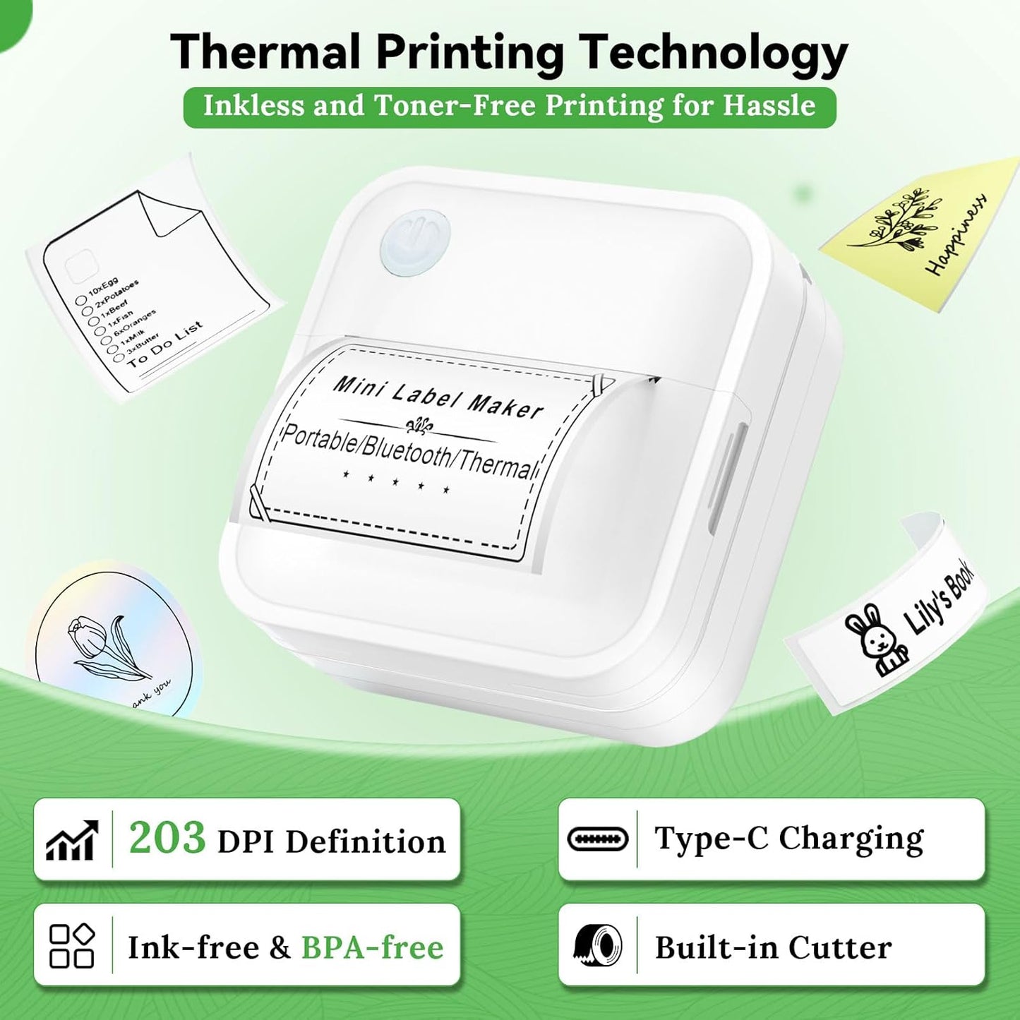 Label Maker Machine with Tape - Mini Sticker Printer Bluetooth Label Printer for Home Office Organization, Portable Thermal Sticker Maker Print Pod with Multiple Templates for Phone(White)
