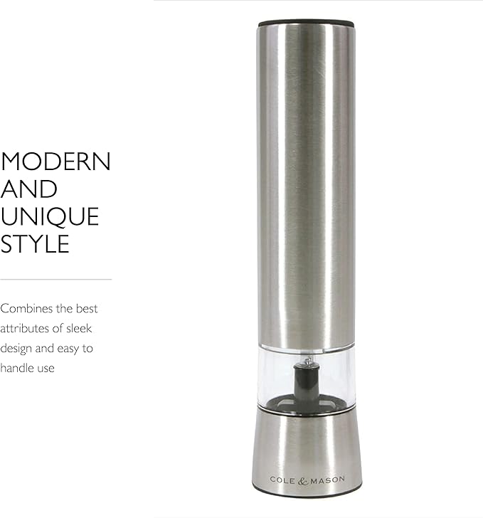 Cole & Mason Hampstead Electronic Salt Mill - Electric Salt Grinder Set - Adjustable Electric Spice Grinder - Kitchen Tool & Gadget - Hand Wash - Stainless Steel