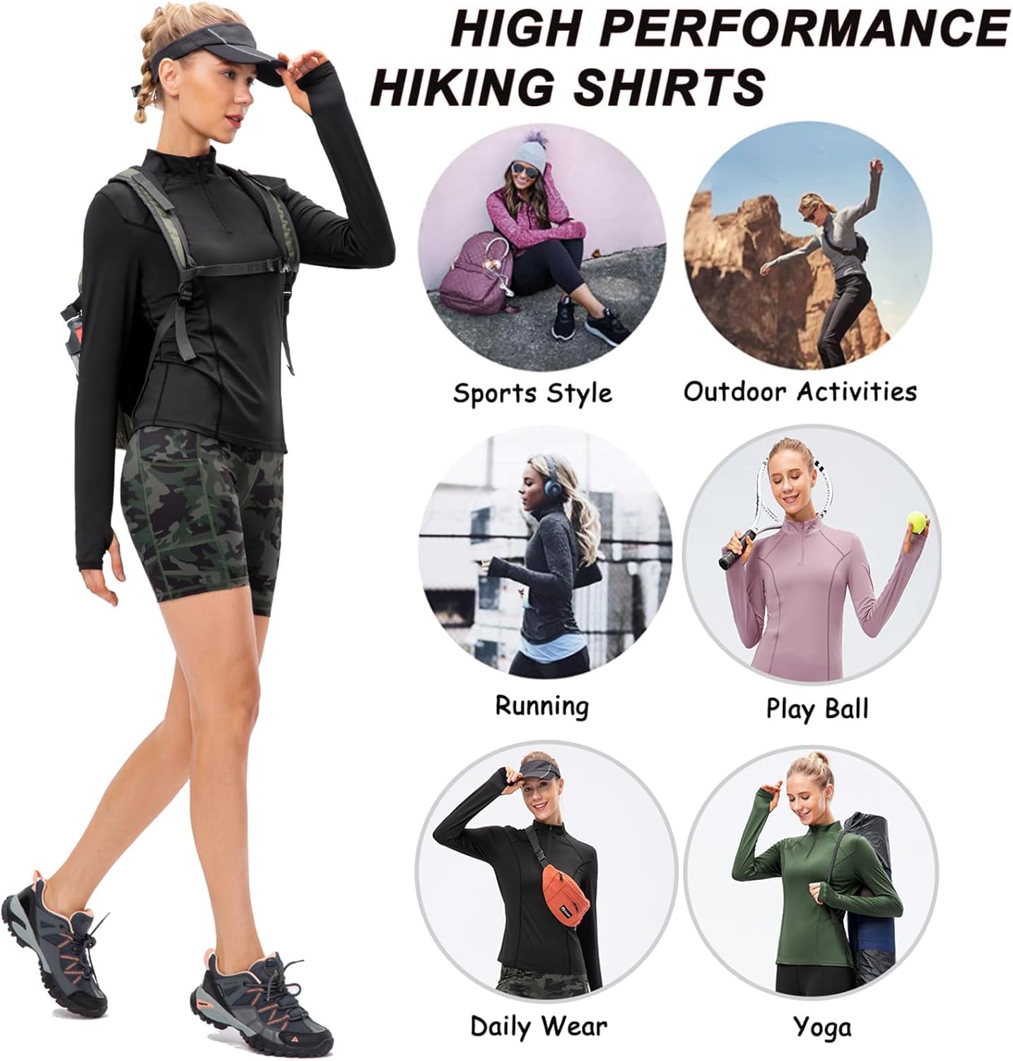 KAHEYQI Womens Long Sleeve Running Workout Top 1/4 Zip Pullover Sports Shirts Quick Dry Gym Athletic Shirt with Thumb Hole