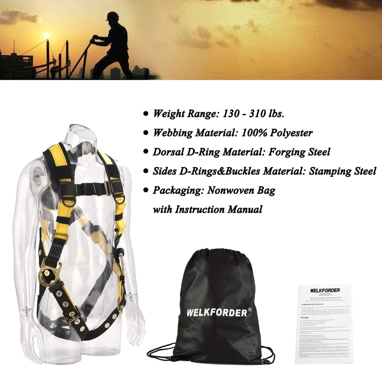 WELKFORDER 3D-Rings Industrial Fall Protection Safety Harness With Leg Tongue Buckles | Shoulder Pad Support ANSI&CSA Compliant Full Body Personal Protection Equipment