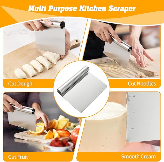 8 Pack Stainless Steel Food Scraper and Chopper Large Griddle Spatula Kitchen Tool Gadget,Multi-purpose Kitchen Utensil for Dough, Cake, Pizza
