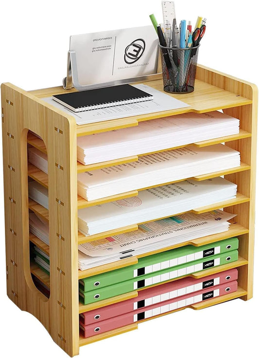 Homodoskey Wood Desk Organizer, 7 Tier Paper Letter Tray Organizer Desk Paper Organizer File Organizer for Desk, Bookshelf and Accessories for Office Home School (Khaki)