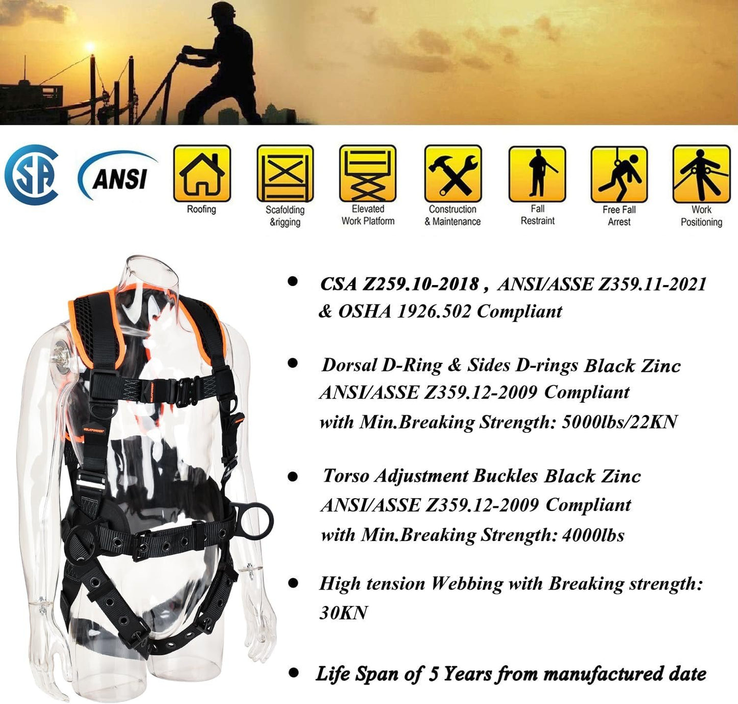 WELKFORDER 3 D-Rings Premium Industrial Fall Protection Safety Harness Iron Torso Adjustment Buckles, Iron Quick Release Buckles | Waist & Shoulder Pad Support CSA&ANSI Compliant Full Body PPE