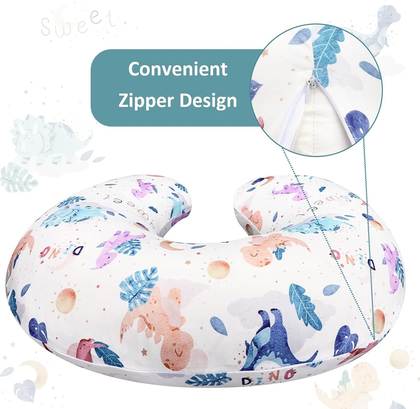 DILIMI Nursing Pillow Cover Stretchy Removable Case for Breastfeeding Pillows, Ultra Soft Comfortable Slipcover for Baby Girl and Boy, Watercolor Dinosaur and Leaves(Pillow Not Included)