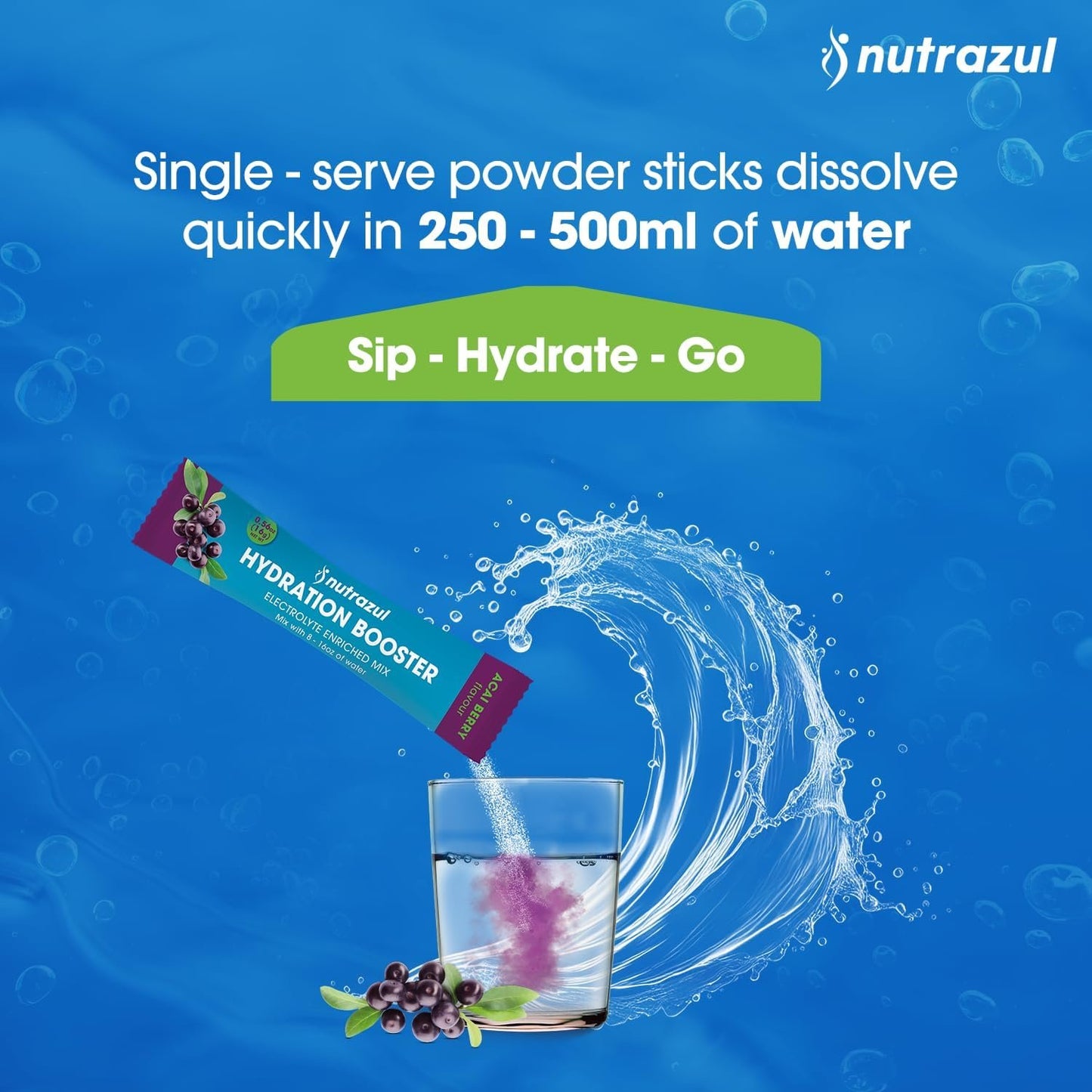 Nutrazul Hydration Booster | Supports Rapid Hydration | Electrolyte Enriched Mix | No Artificial Sweeteners | Acai Berry Flavour| Vegan, Gluten-Free, Non-GMO | 90 Sticks