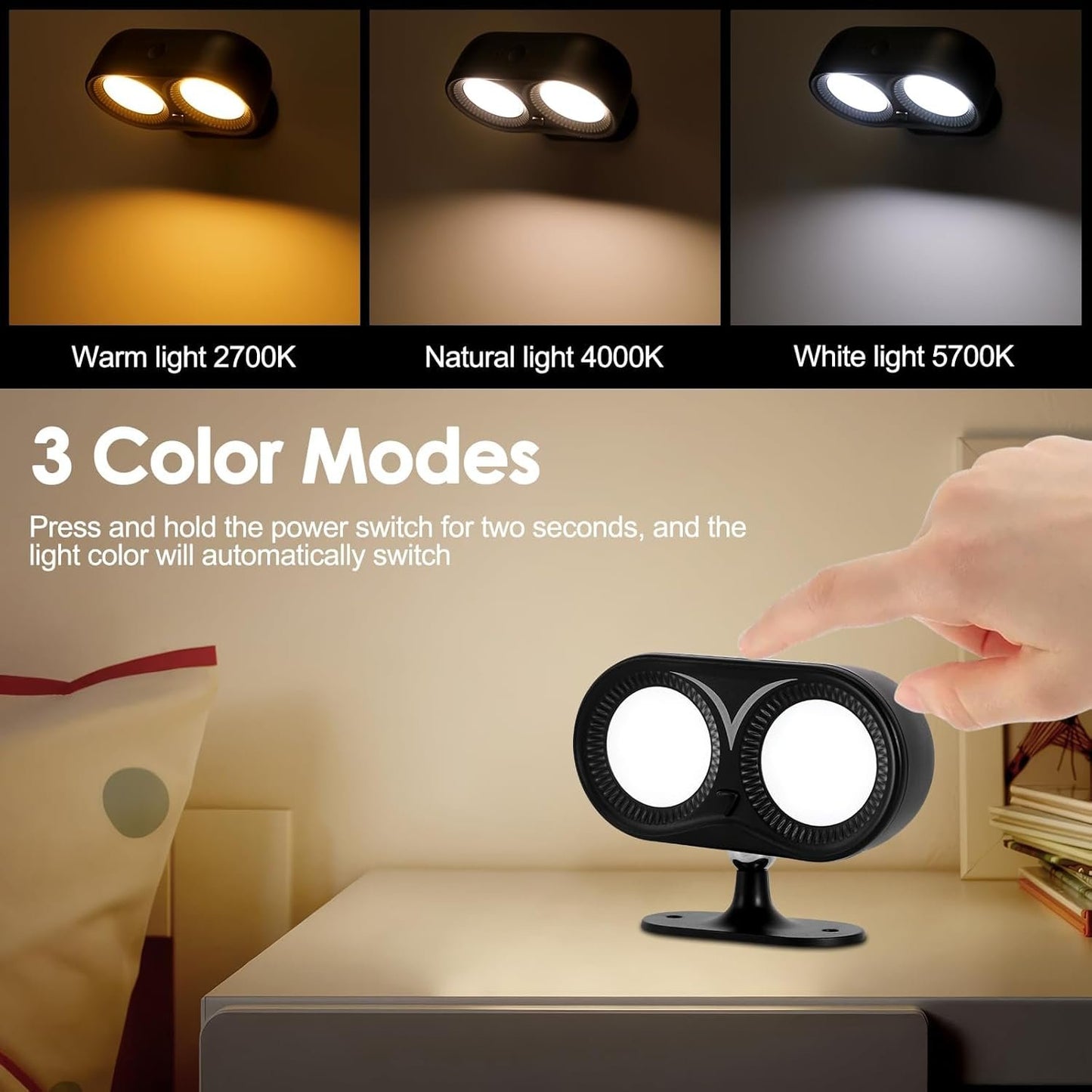 ZONJIE Upgrade LED Indoor Wall Light - Rechargeable Battery Indoor Wall Light with 3 Colour Modes and 3 Brightness Levels, 360° Rotating Wireless Wall Spotlight Indoor