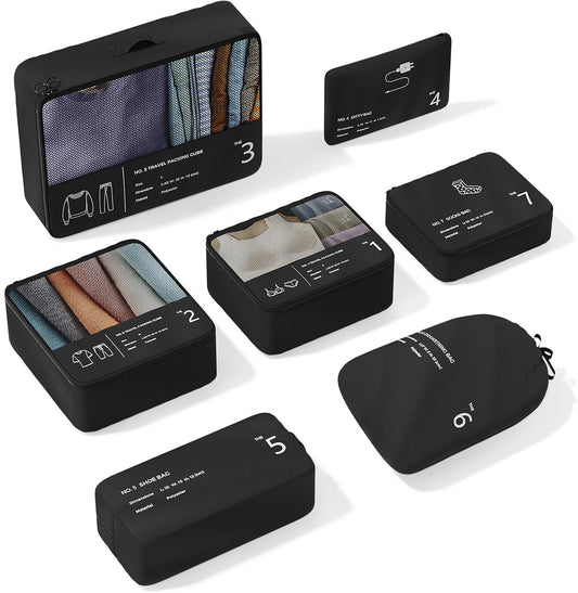 Yomisee Packing Cubes Set of 7 Suitcase Organizer, Travel Cube Set, Travel Organizer, Travel Bag (Black)