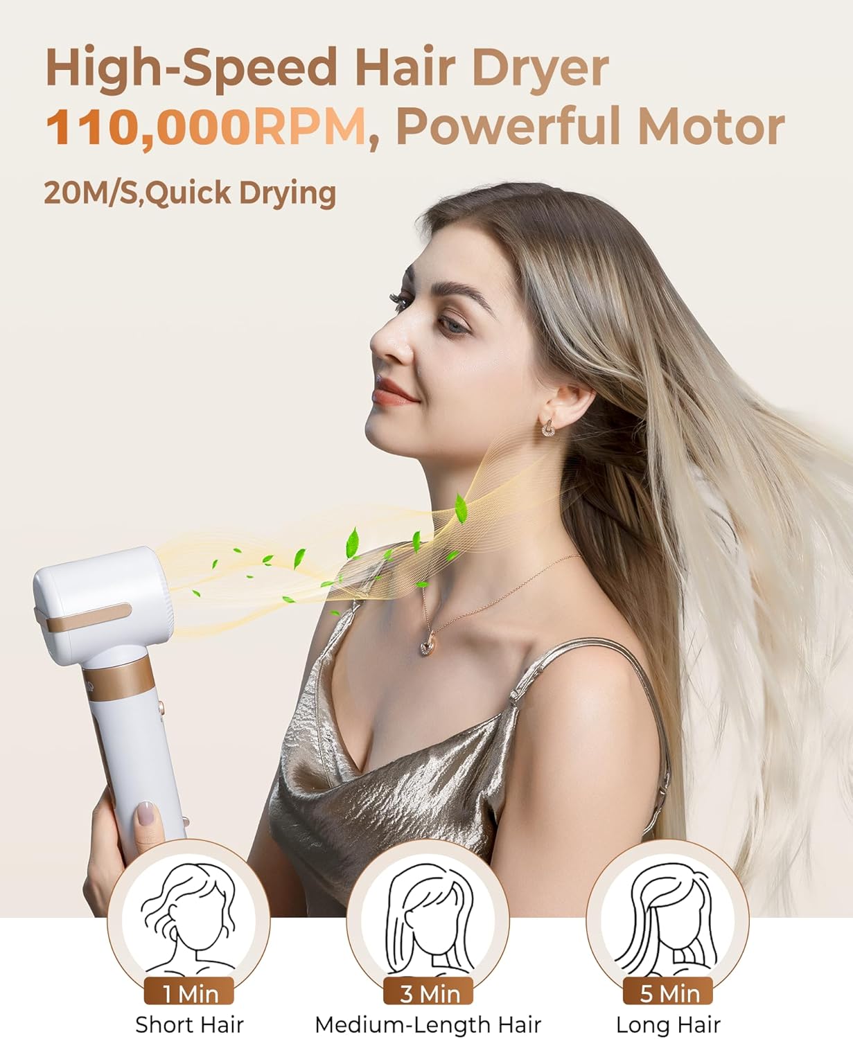 Hair Dryer Brush 7 in 1,110000 RPM Hot Air Brush Hair Styler for Curly Straight & Twisted Hair Professional Ionic Brush Blow Dryer for Salon-Quality Styling, White Gold