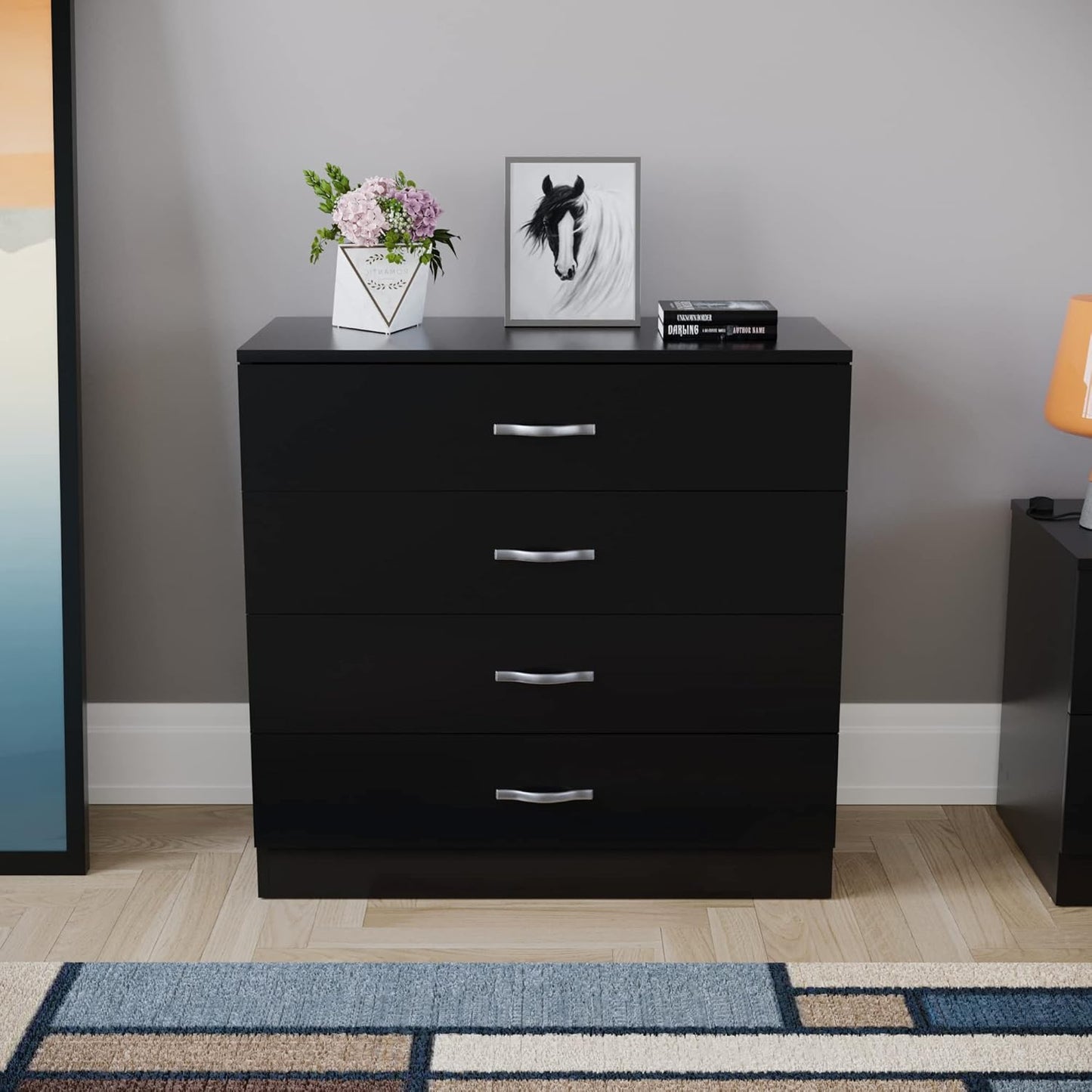 Home Discount Black Chest of Drawers, 4 Drawers with Metal Handles and Runners, Unique System with Guides, Riano Bedroom Furniture