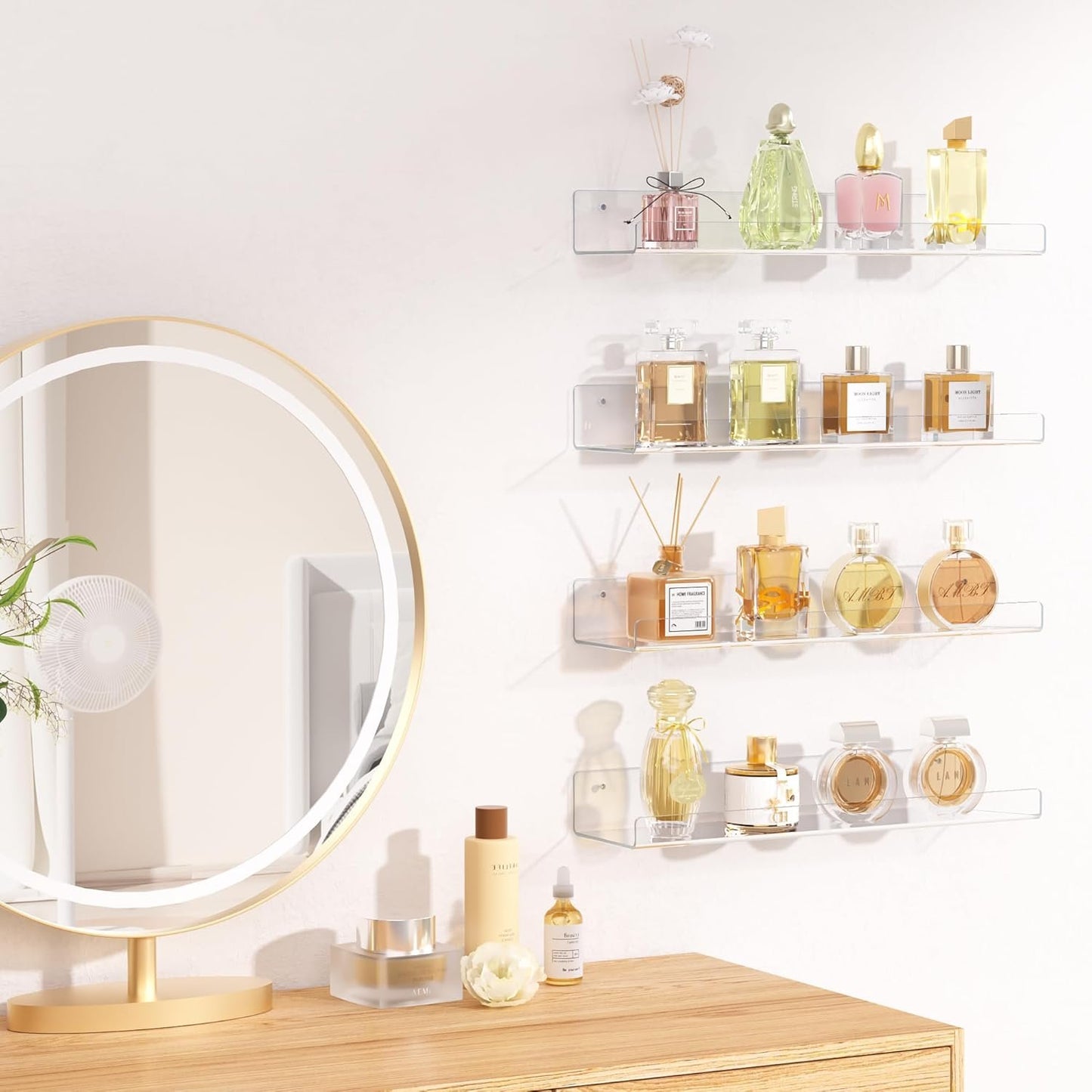 upsimples Clear Acrylic Shelves for Storage, 15" Floating Shelves Wall Mounted for Kids Bookshelf/Display Ledge for Bedroom, Living Room, Bathroom, Kitchen, Set of 4