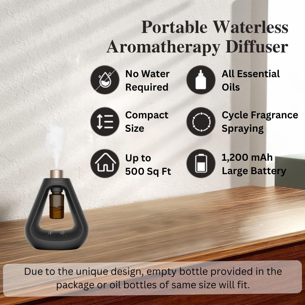 Waterless Essential Oil Diffuser, Aromatherapy Waterless Diffuser for Home Bedroom Office Bathroom Scent Diffuser, Modern Design Small Diffuser Battery Operated with 9 Mist Settings