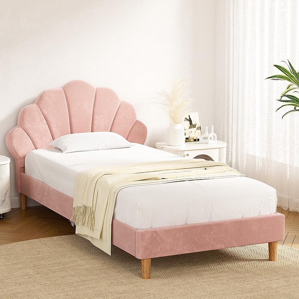 Artiss Bed Frame King Single Scallop-Shape BedHead Beds Base Pink Velvet Fabric