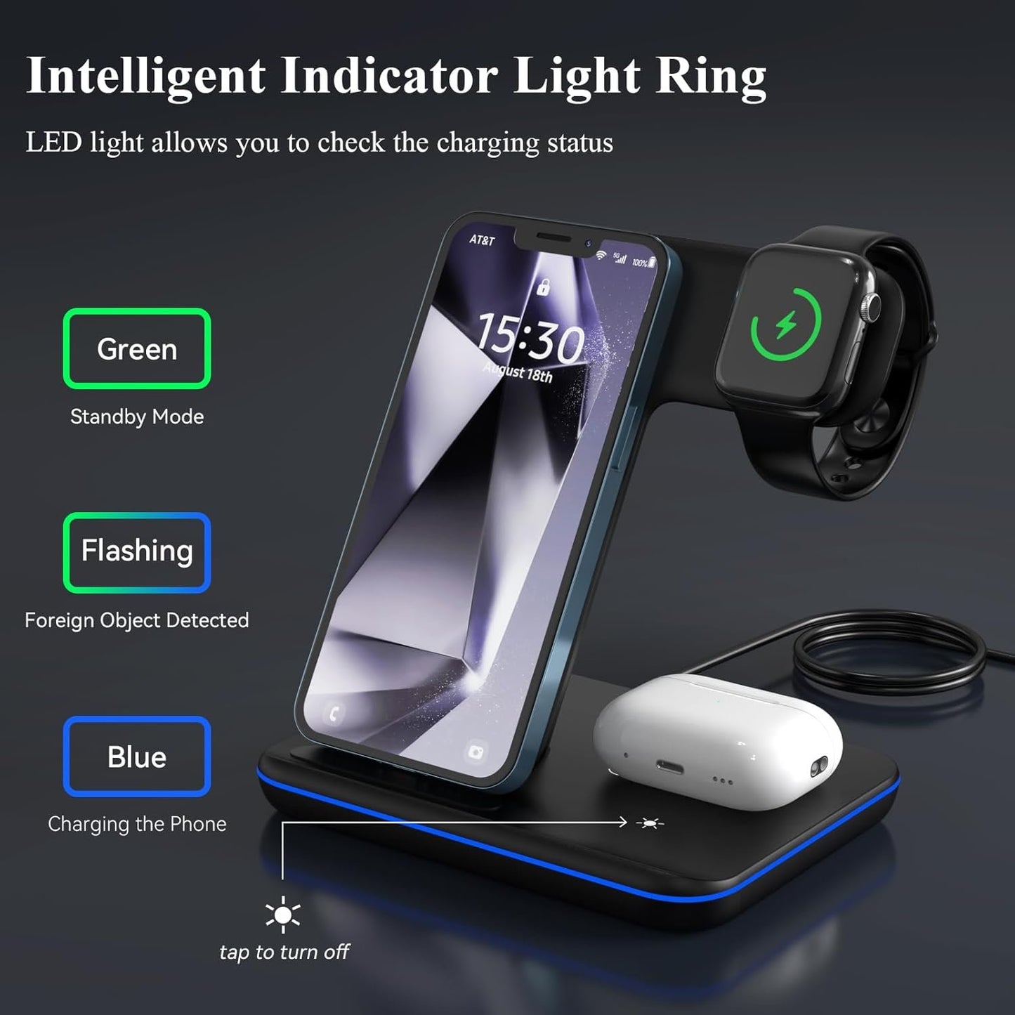 Minthouz Wireless Charger, 15W iPhone Charging Station for Multiple Devices iPhone Watch, AirPods, 3IN1 Wireless Charger Stand Compatible with iPhone 15/14/13/12/11 (with Adapter)