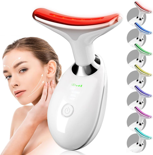 2025 New Face and Neck Massager Tool, 7 Colors LED Womens Skin Care Facial Massager for Skin Rejuvenation, Lifting, Toning, Glow Boost-White