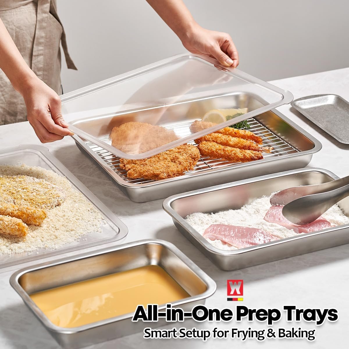 WAGENSTEIGER Stainless Steel Food Prep Container Set with Rack & Transparent Lid, Catering & Buffet Party Pans, Hotel Pans, Food Storage (10.63 x 7.87 x 2 inches / 2.38Quarts)