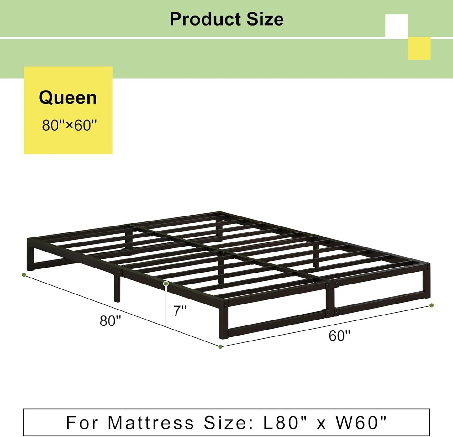 EMODA 7 Inch Queen Bed Frame No Box Spring Needed Heavy Duty Metal Platform BedFrame Queen Size with Steel Slats, Easy Assembly, Black