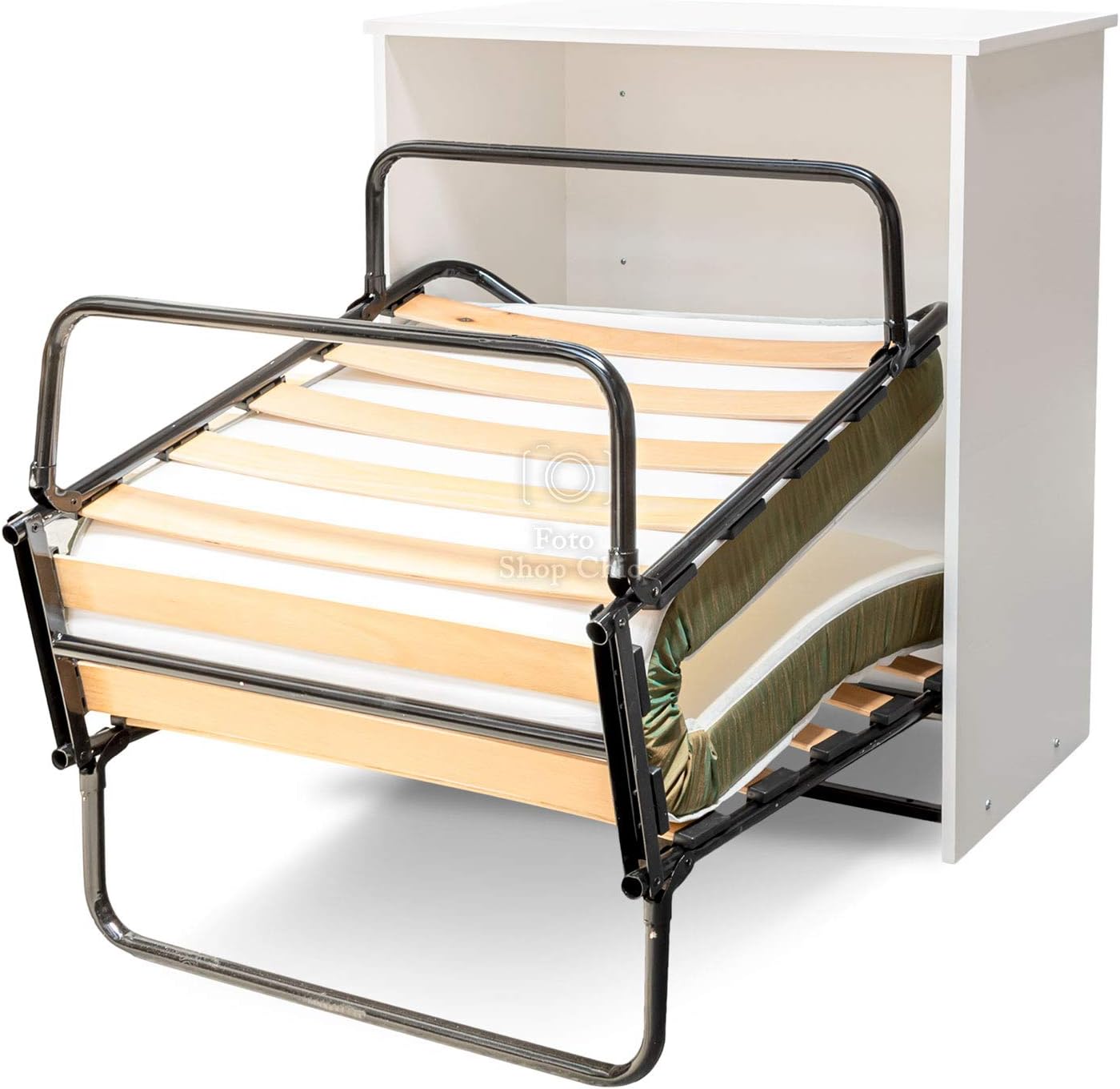 LE CHIC ARREDAMENTI Folding Wooden Single Folding Bed with Wheels with Bed Base and Slatted Frame and High Density Mattress, Thickness 10 cm
