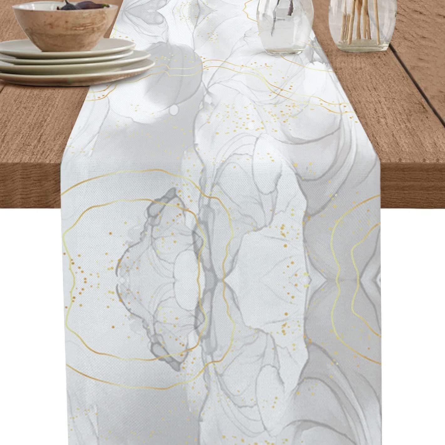 Natural White Grey Marble Stone Table Runners,Linen Cotton Table Runner Dresser Scarves Abstract Agate Gold Stripe Tabletop Scarf for Dining Room Kitchen Holiday Party (White Grey, 33CM*183CM)