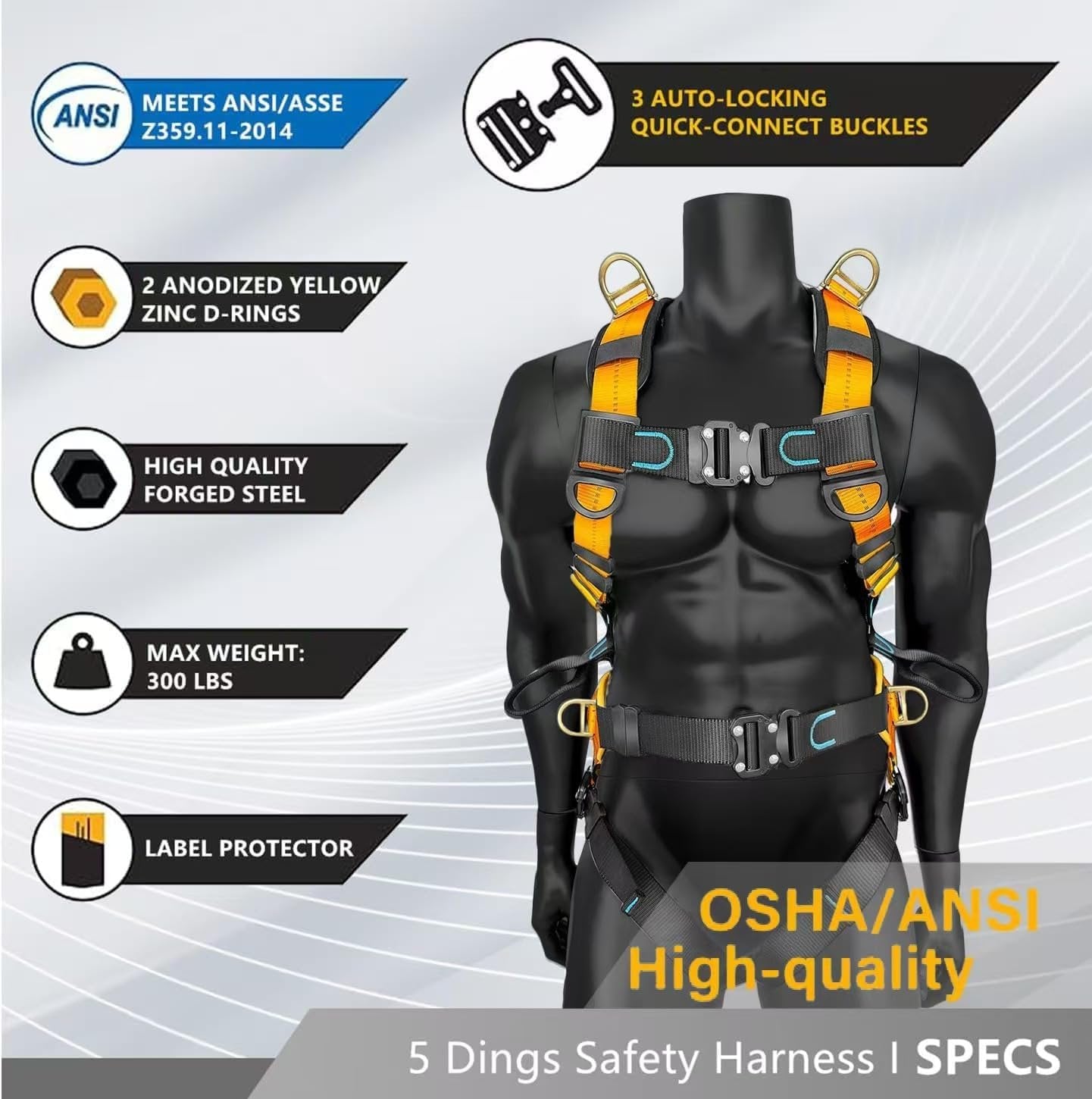 Fall Protection Full Body Safety Harness, 6” Thick Back Support Belt,5 Heavy Duty D-rings, Quick Release (OSHA/ANSI)