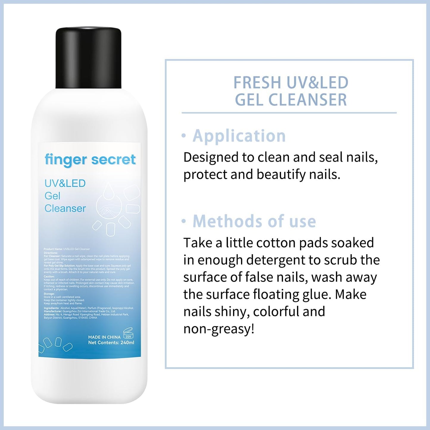 Gel Cleanser for Nails,finger secret Gel Nail Cleanser 240ml,Fresh UV&LED Gel Cleanser,Nail Surface Cleanser for Gel Nails,Nail Cleaning Solution for UV Gel Nail Polish Gel Lacquer Nails Care