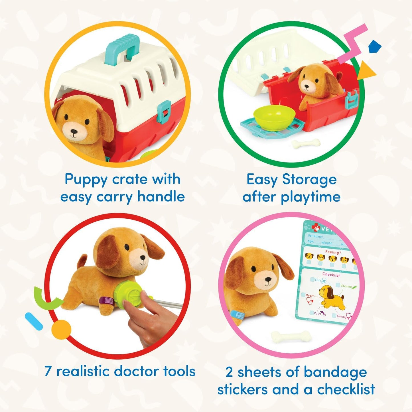 Battat – Mini Vet Playset (11pc) – Plush Dog & Carrier – Stickers & Checklist – Toy Stethoscope & Bone – 2 Years + – Puppy Care Vet Kit
