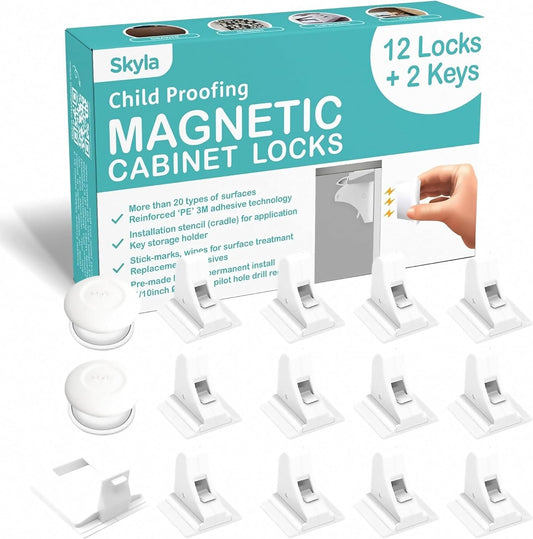 ELLA'S Magnetic Cabinet Locks | No Tools Needed - 3M Adhesive | Baby Proofing Kitchen & Child Safety | Quality Design | White
