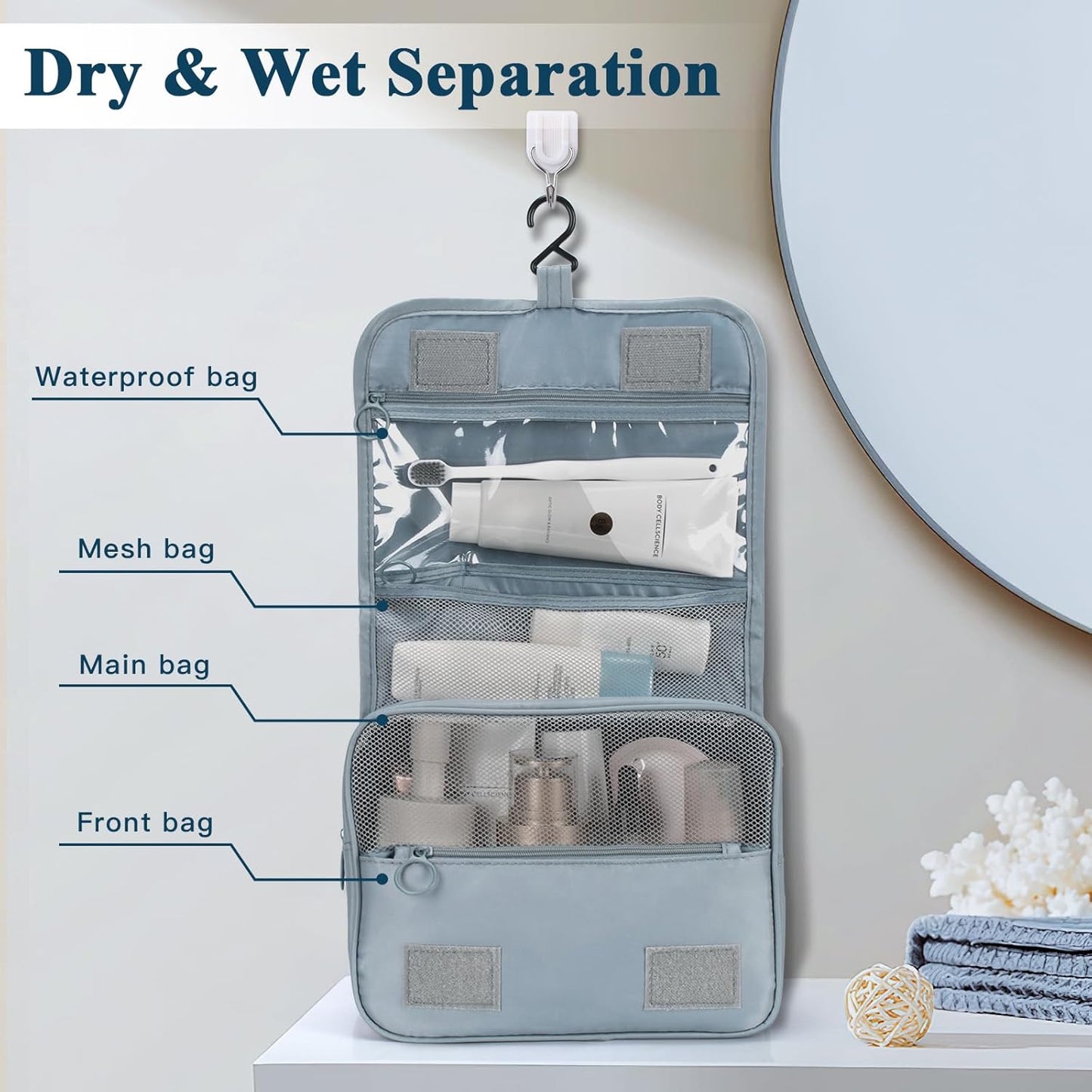 Zivacate Hanging Beauty Case, Waterproof Toiletry Bag for Women & Men, Portable Folding Makeup Bag