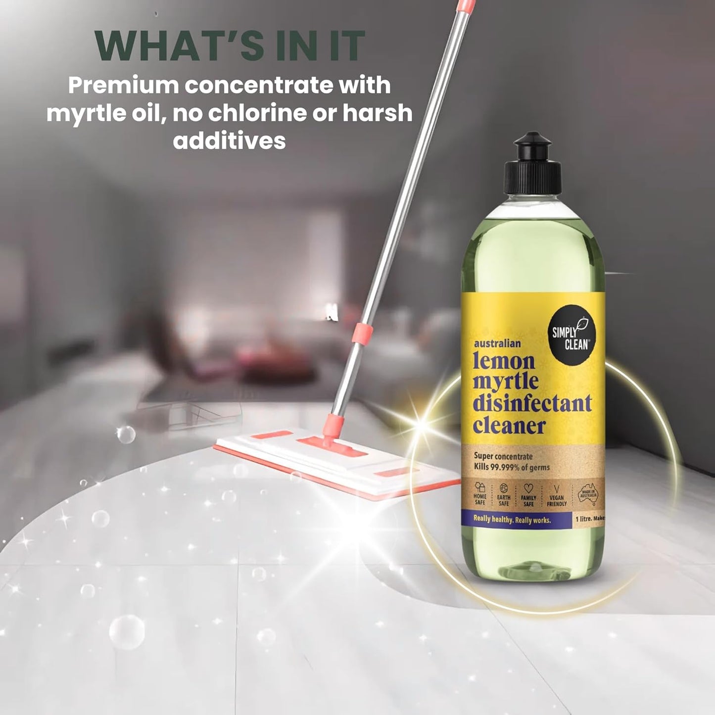 SimplyClean Lemon Myrtle Disinfectant Concentrated Cleaner - Natural Multi-Surface Cleaner with Pure Australian Lemon Myrtle Essential Oil - Makes 40 Litres - 1 Litre