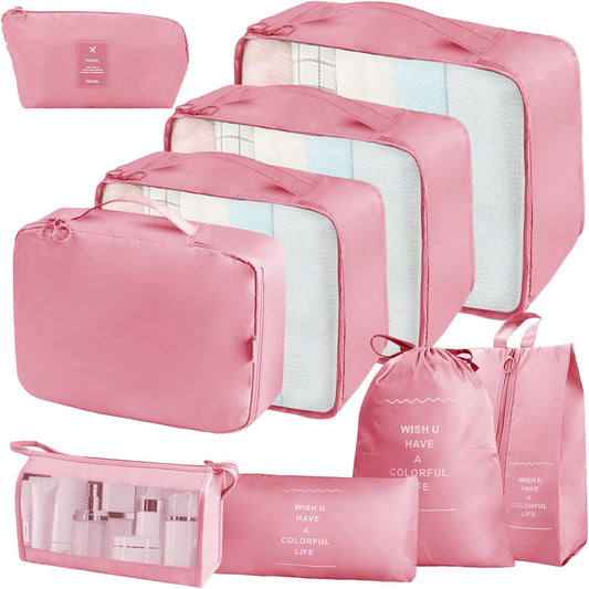 Neween 9PCS Packing Cubes for Suitcases, Travel Luggage Packing Organisers with Shoe Bag & Cosmetic Bag, Waterproof Travel Essential Cube Accessories Clothes Toiletries Storage Pouch (B-Pink)