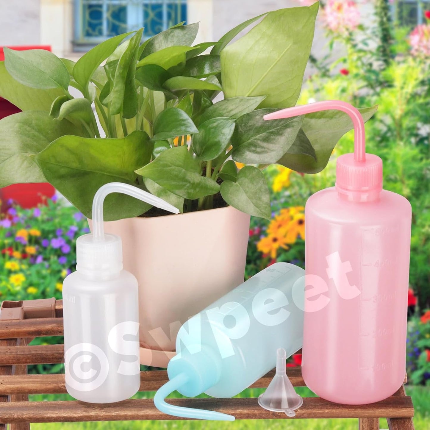 Swpeet 3Pcs 500ML/250ML/150ML Safety Bottles Watering Tools with 5Pcs Small Funnels Assortment Kit, Wash Bottles Water Squirt Bottle Succulent Watering Squeeze Bottle for Irrigation, Plant Washing