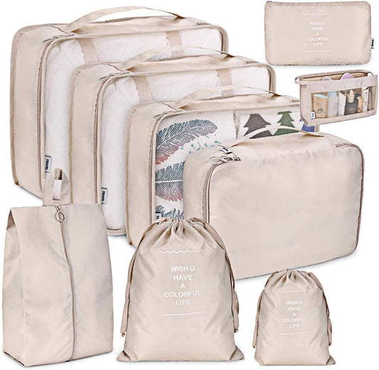 Newaner 9 Pieces Suitcase Organizer, Travel Organizer, Multifunctional Suitcase, Packing Cubes Organizers Bags Travel Essentials, Bags for Shoes, Underwear, Clothes, Cosmetics, Beige