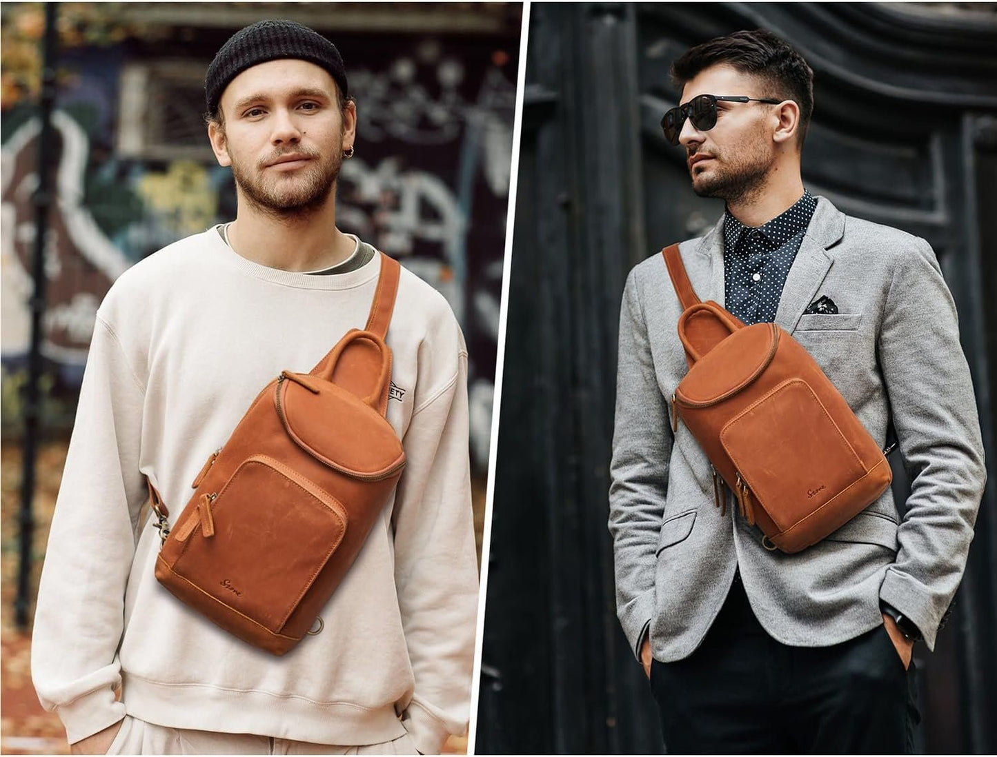 S-ZONE Sling Bag for Women Men Genuine Leather Vintage Crossbody Chest Bags Backpack Daypack Outdoor Travel