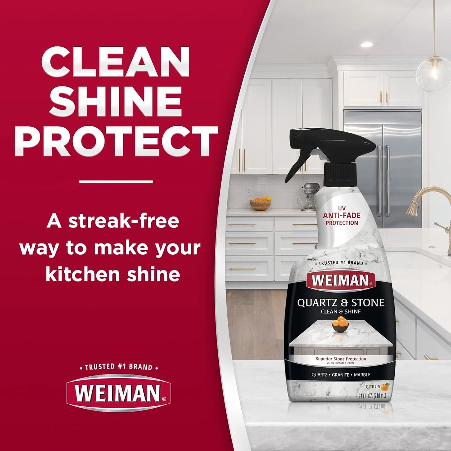 Weiman Quartz Countertop Cleaner and Polish - 24 Ounce (2 Pack) with Microfiber Towel Included - Clean and Shine Quartz Countertops Islands and Stone Surfaces, UV Protection, Orange Citrus Scent