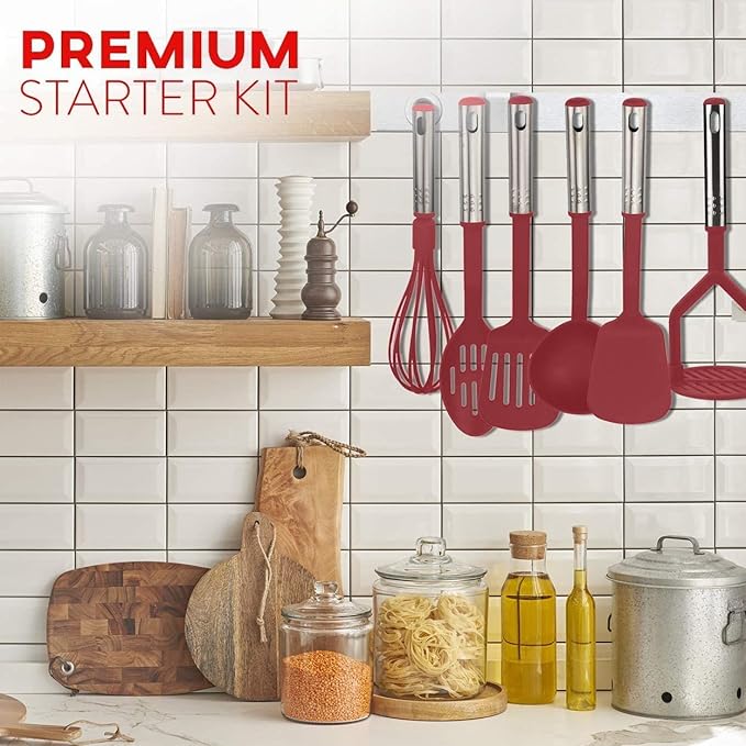 EATEX Cooking Utensils Set - 24 Pieces Nylon Kitchen Gadgets, Spatula Set with Stainless Steel Handles - Heat Resistant Kitchen Utensils Set - Red Kitchen Tools and Gadgets