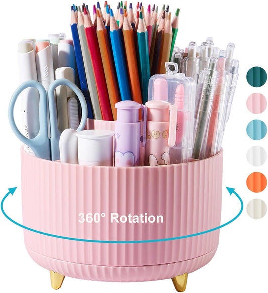 Lolocor 360 Degree Rotating Desk Pen Pencil Holder, 5 Slots Pencil Organizer Desk Organizers and Accessories, Cute Pen Holder for Desk, Pen Organizer Storage for Office School Home Pink
