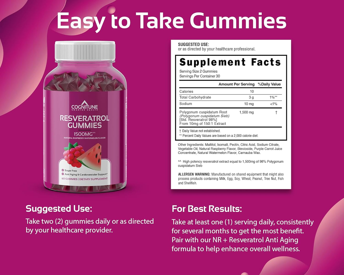 Resveratrol Gummies - Sugar Free Natural Raspberry Watermelon Flavor, 1500mg Resveratrol Supplement for Heart, Brain, Immune Support & Wellness, Powerful Antioxidant with Anti-Aging Benefits