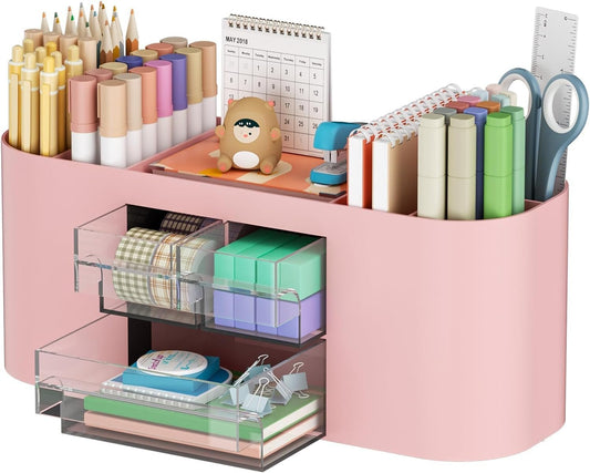 Mtxorvix Desk Organizer with Drawer, Pen Organizer with Drawer, Multi-Functional Pencil Holder for Desk, Desk Organisers and Accessories with 5 Compartments + 3 Drawer for Office Art Supplies (Pink)