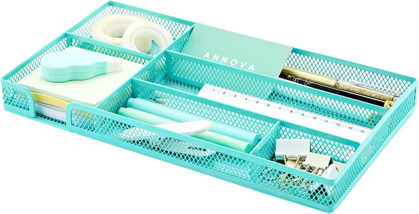 Annova Desk Drawer Organizer Tray for Office Organization - Metal Mesh - Storage Tray with Dividers for Pens, Desktop Accessories, Bathroom, Kitchen, Makeup and Office Supplies (Small) (Turquoise)