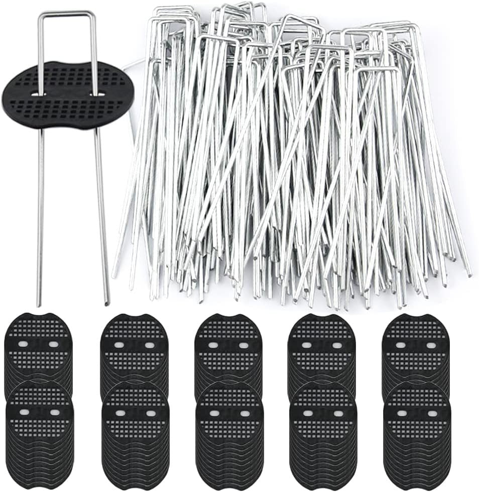 100PCS Galvanized Steel Garden Stakes with 100PCS Gasket, Heavy Duty Landscape Pegs of Anti Rust U Shaped for Securing Artificial Grass Weed Ground Cover, Fabric Matting